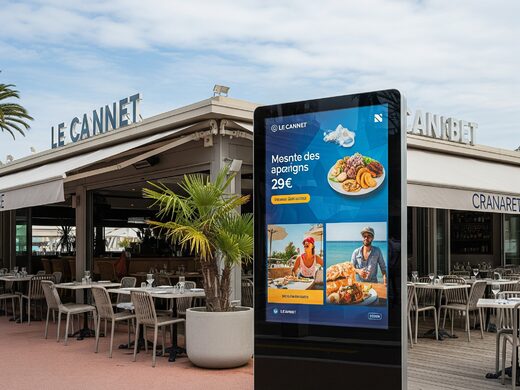 Affichage dynamique extérieur mobile pour restaurants, bars et bord de plages à Le Cannet, Cannes et Antibes